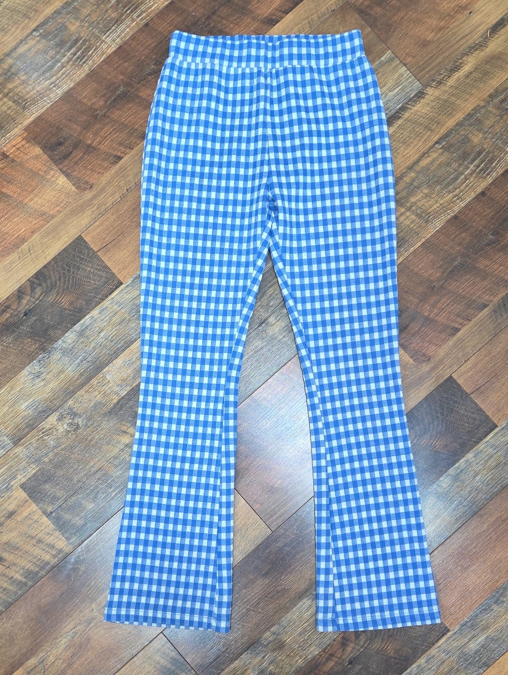 Urban Outfitters Blue & White Gingham Flared High Waisted Stretchy Pants, Small